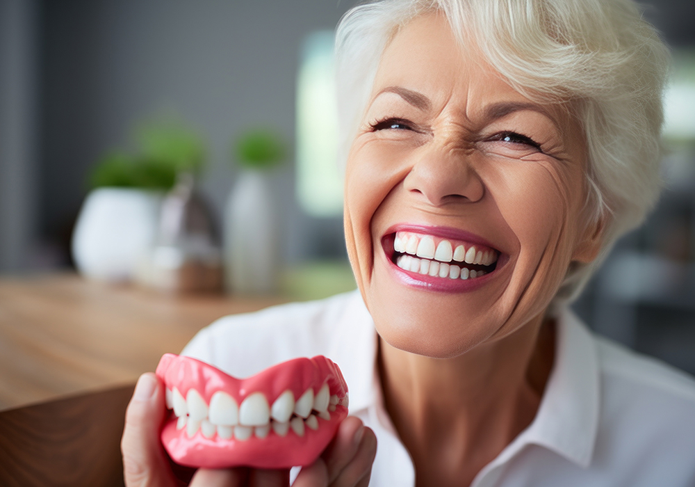 Woman holding dentures after care at an Emergency Dental Clinic